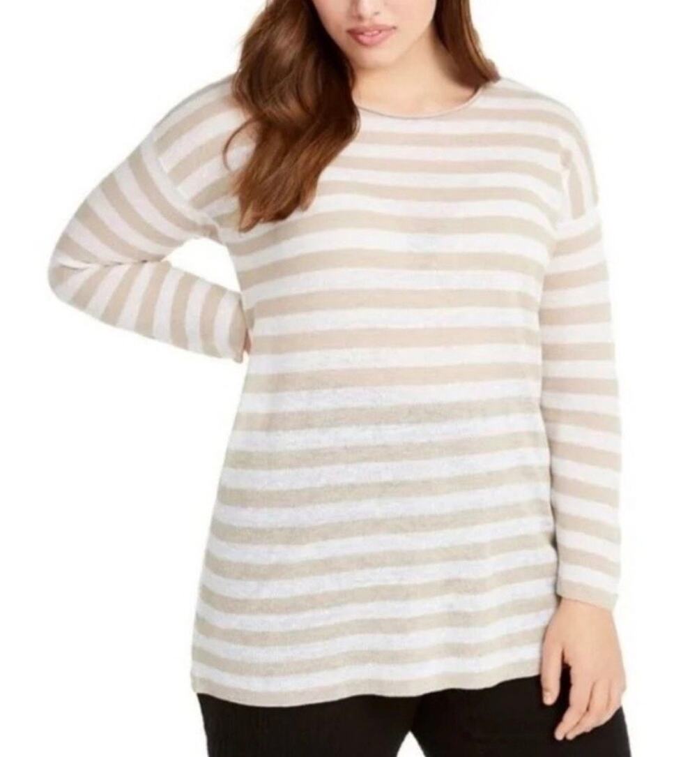Eileen Fisher Sweater Orangic Linen Cotton Stripe Tan White Lg Coastal Preppy